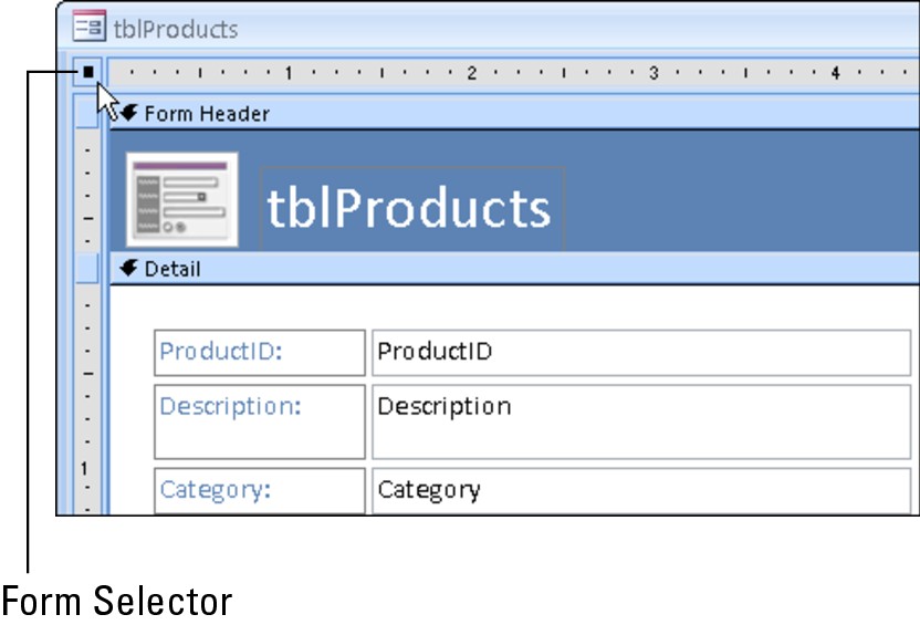 Using the form selector to display the form’s Property Sheet